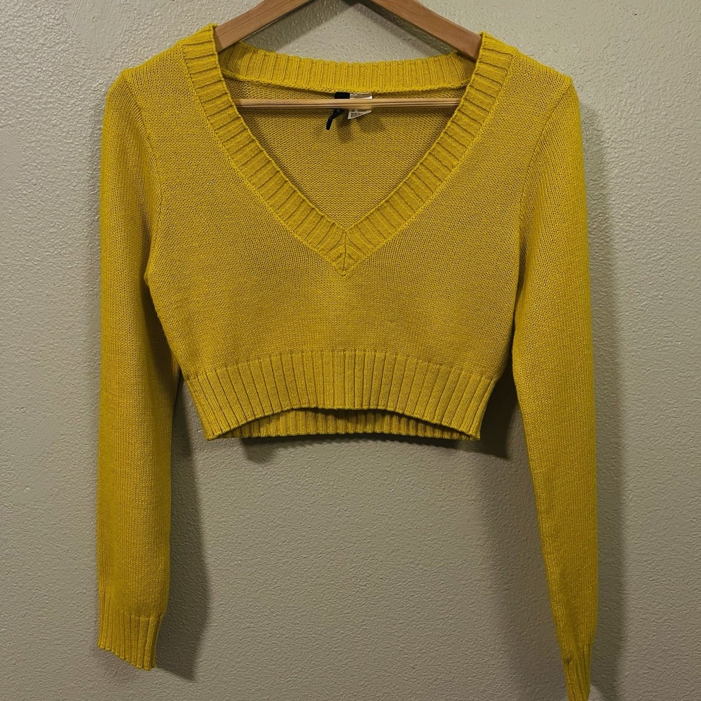 Divided Cropped V Neck Knit Sweater Long Sleeve Yellow Y2K Size‎ XS